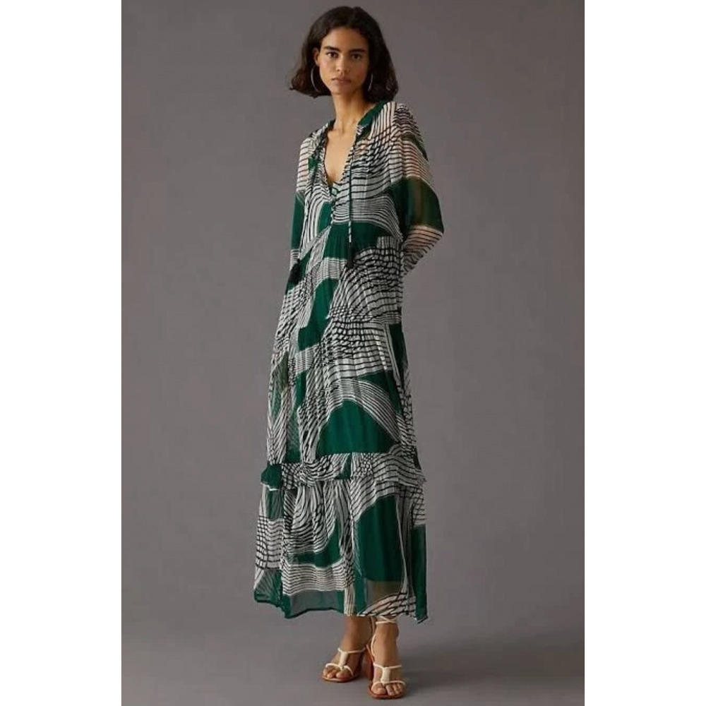 Anthropologie XS Sheer Chiffon Maxi Dress Marais Geometric Printed Boho Green - Picture 12 of 13